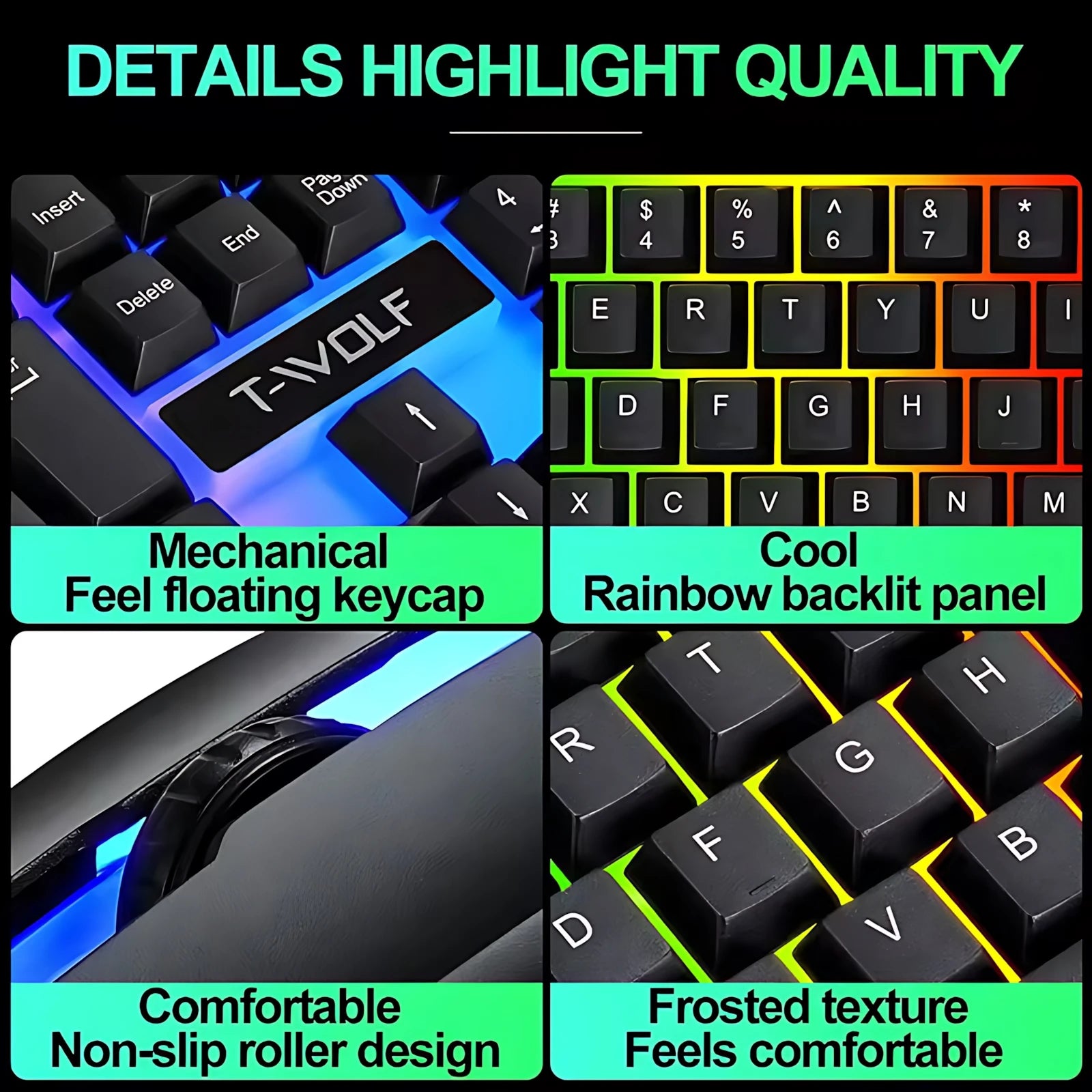 Rainbow Backlit Wired Keyboard and Mouse,Floating Keycap Strong, Wear-resistant, Comfortable Feel Keyboard for Business Office